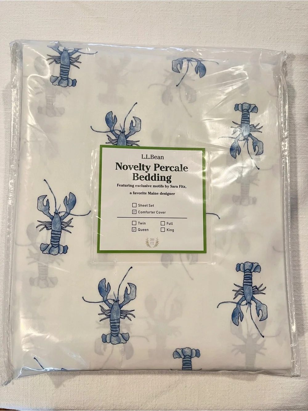 LL Bean x Sara Fitz Lobster Comforter Cover, Queen, NWT